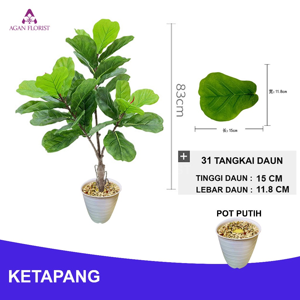 Tanaman Hias Pohon Daun Ketapang Artificial Plastik Palsu Tinggi 1 Meter Dgn Pot 31 Cabang Bunga Dek