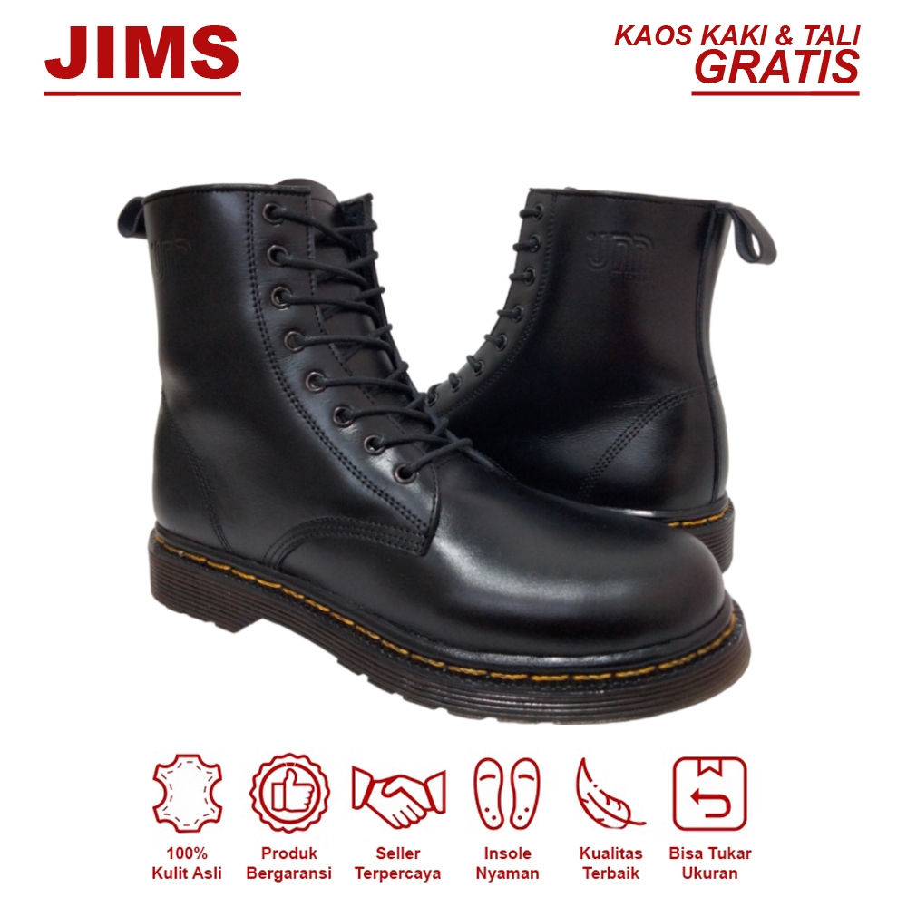 38-45 JIMS 1881 : Sepatu Boots Docmart Pria 8 Hole Kulit Asli Hitam Original