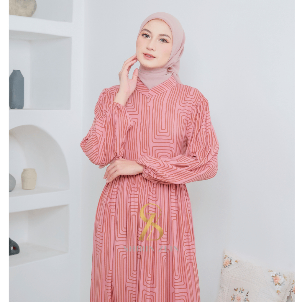 ShirinZein - Gamis Dress Linna Hitam Busui Friendly Motif Terbaru Kondangan Mewah Muslim Wanita Kekinian-Pink