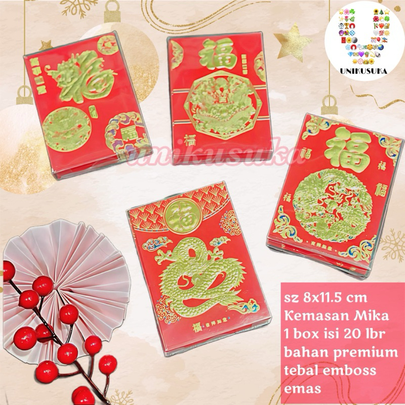 

[UNIKUSUKA] Angpao Premium Naga tebal Fuk 2024 Kemasan Box Mika Medium 20 lembar emboss emas tebal hongbao Angpao Imlek