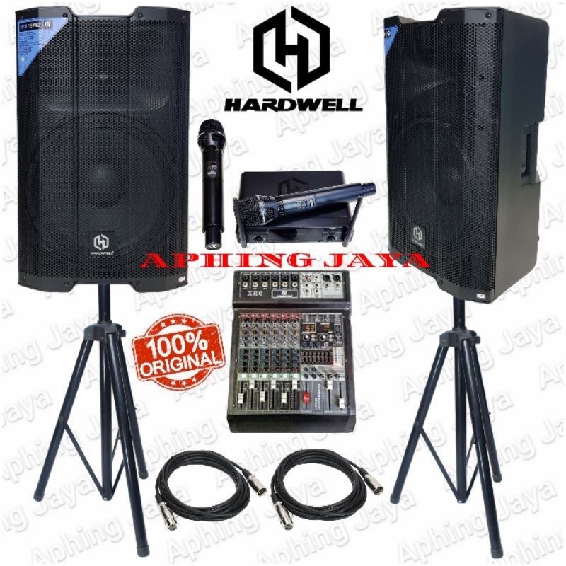 Paket Sound System Pro Indoor Outdoor HARDWELL 15inch 500W x 2 + Mixer + Microphone lengkap Siap pak