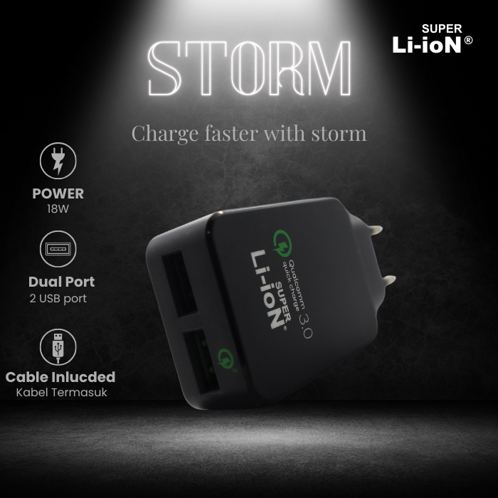 CHARGER DUAL-USB (18W)SUPER LI-ION STORM+KABEL DATA MICRO/IPHONE/USB-C