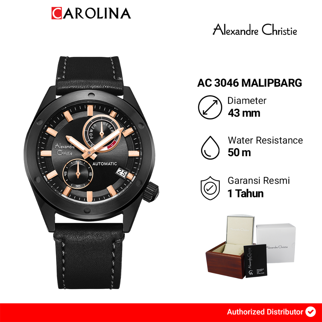 Jam Tangan Pria Alexandre Christie Automatic AC 3046 MALIPBARG Black Dial Black Leather Strap