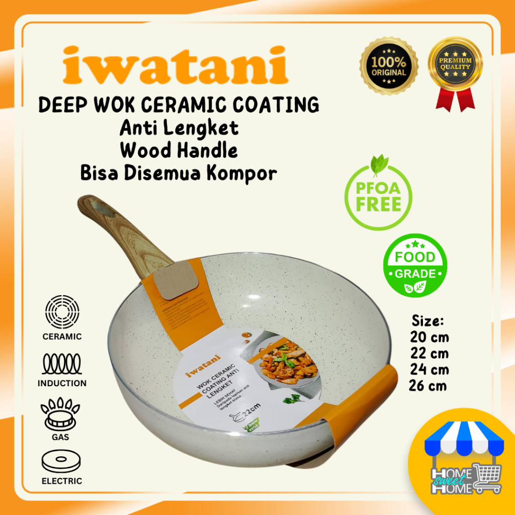 Iwatani Deep Fry Wok Anti Lengket Ceramic Coating Gagang Kayu Wajan Penggorengan Kompor Induksi List