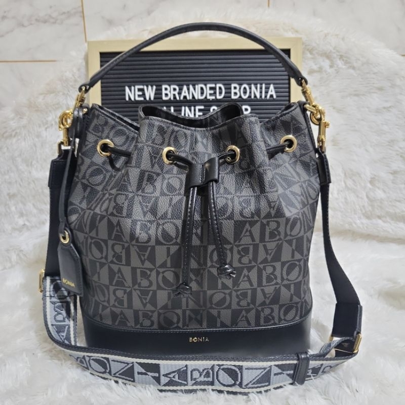 tas serut bonia original bucket bag monogram hitam tali lebar