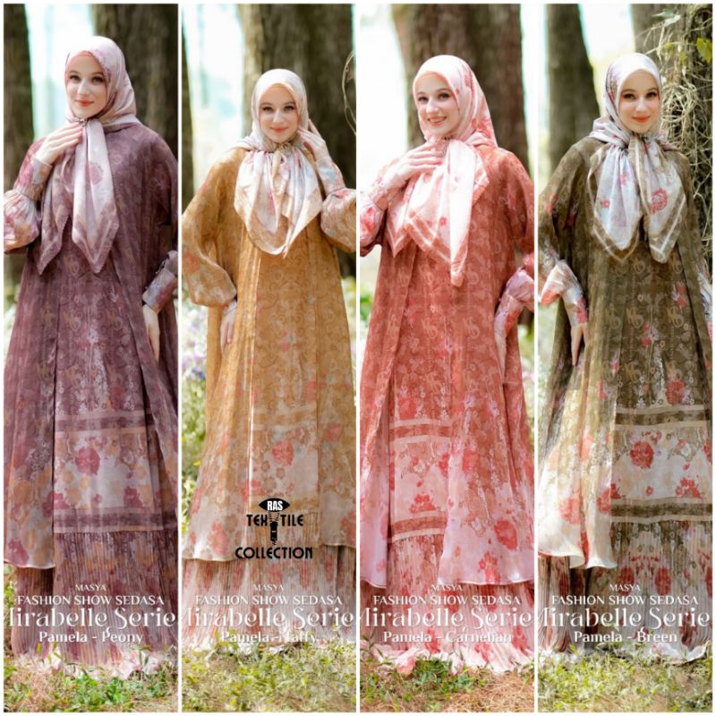 Set Gamis Dress Ceruty Babydoll Printing Premium Syari Branded Ungu - Merah Bata - Kuning - Purple -