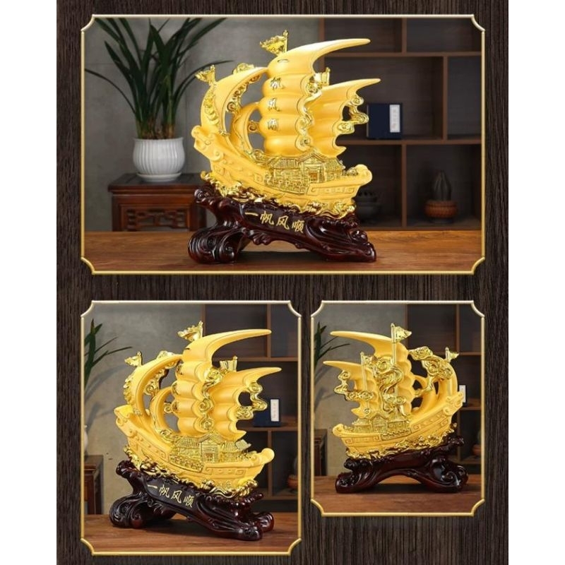 Pajangan Fengshui Hoki Pajangan Kapal Perahu Emas Pajangan Kapal Imlek Emas