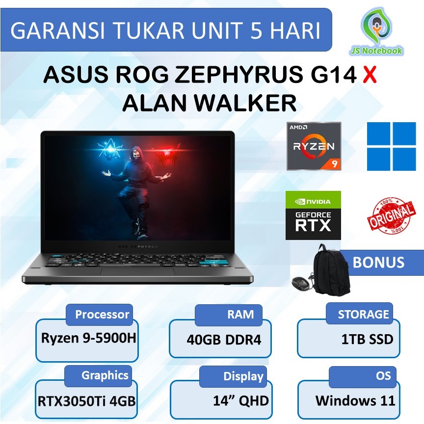 Asus Rog Zephyrus G14 AW SE RTX3050Ti 4GB Ryzen 9-5900H 40GB 1TB SSD