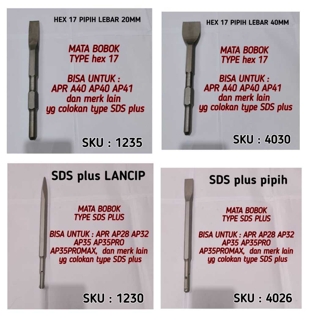 Mata Bobok SDS plus dan Hex 17 lancip dan pipih semua type redy Type hex dan type SDS mata bobok sds