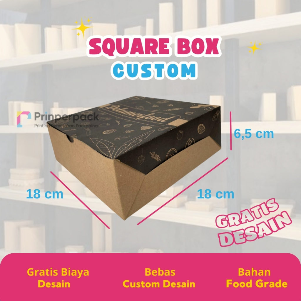 

square lunch box craft custom / cetak kemasan nasi custom / printing kemasan / box catering custom / kemasan paket ayam csutom / branding kemasan custom / dus pakai logo sendiri / 18 x 18 x 6,5 cm