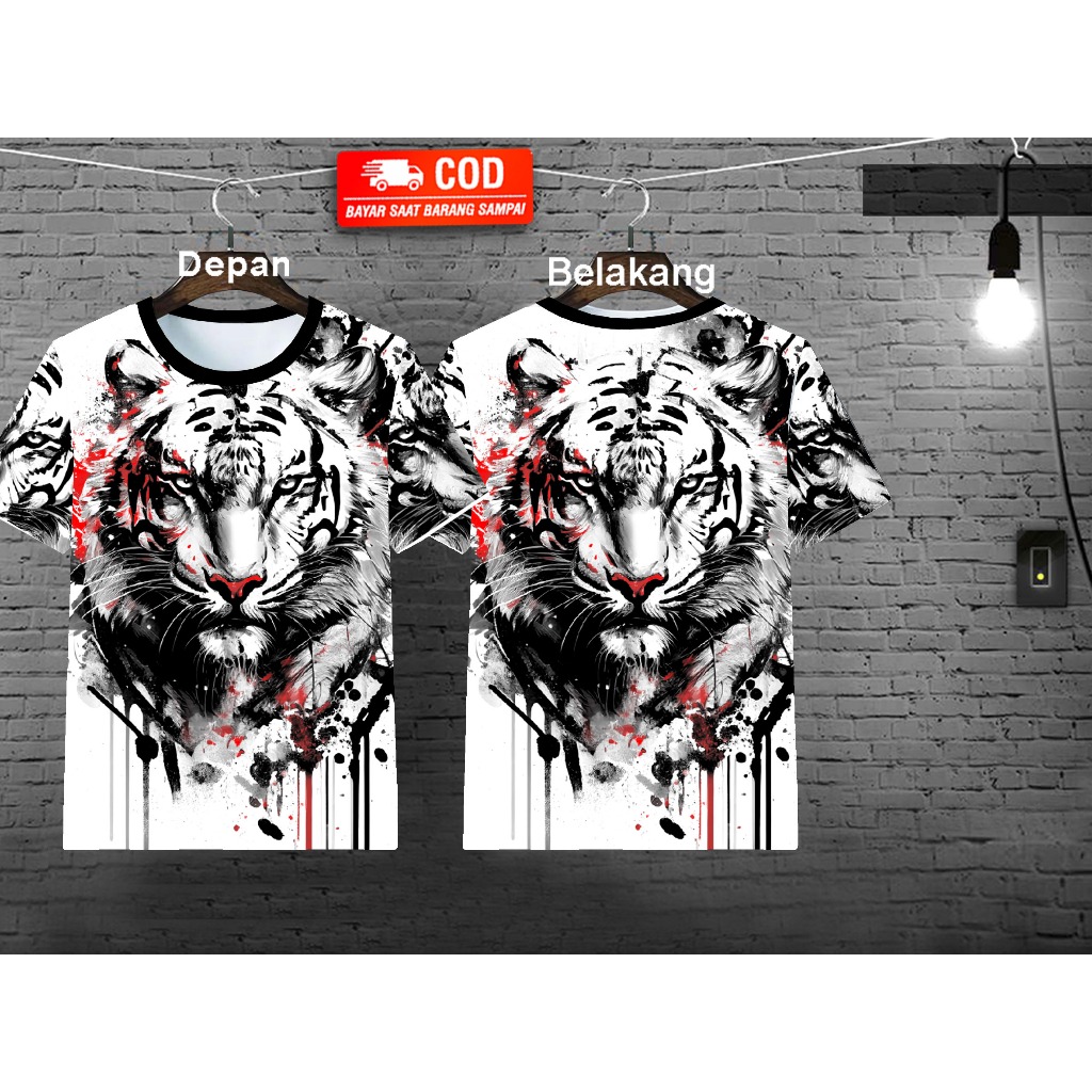 Kaos Distro Cowok Motif Macan Depan Belakang ada Sablon Untuk Pria Dewasa