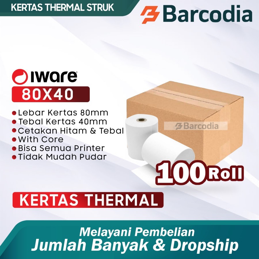 

BARCODIA Kertas Thermal 80mm 80x40 1 Dus 100Pcs