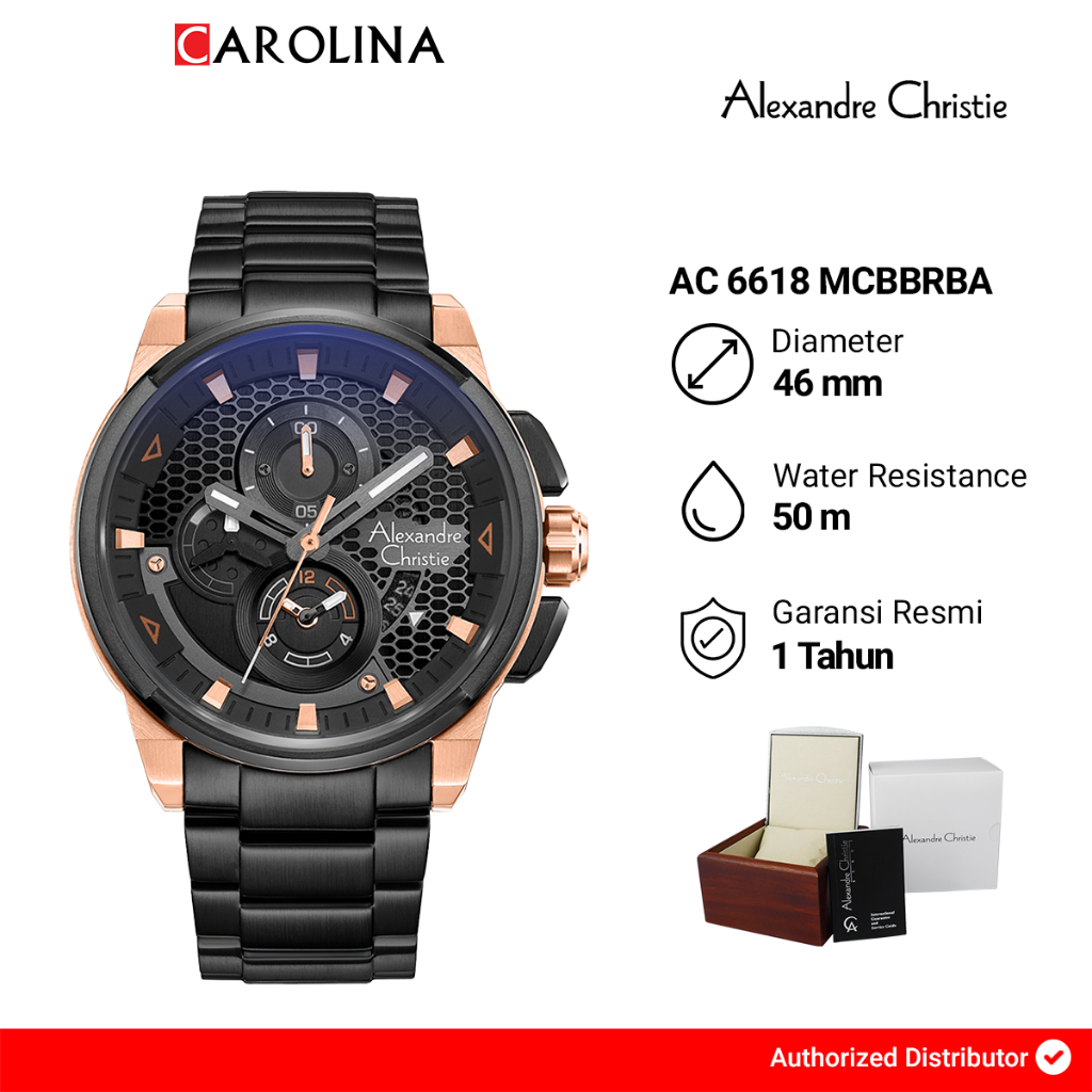 Jam Tangan Pria Alexandre Christie Chronograph AC 6618 MCBBRBA Black Dial Black Stainless Steel Stra