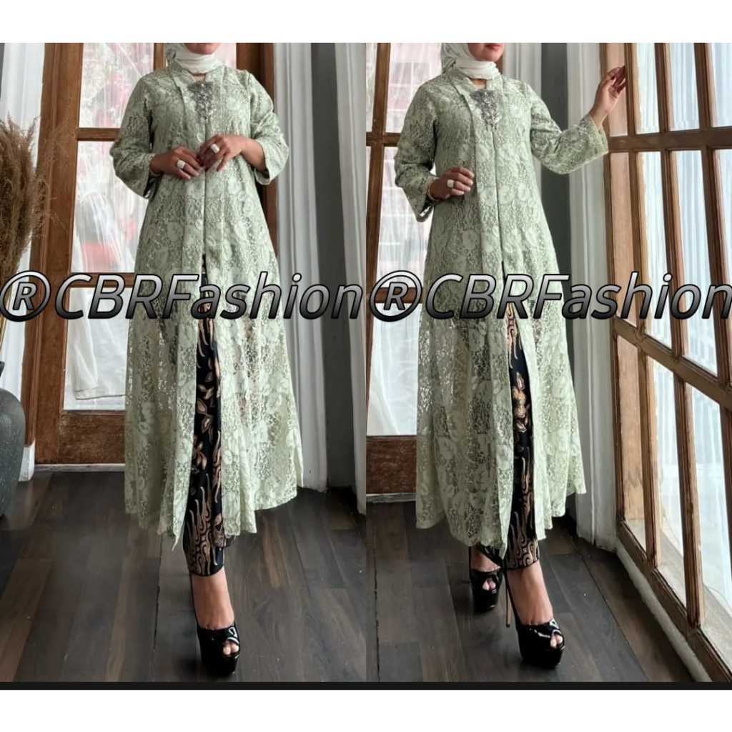 Setelan Kebaya Modern Long Tunik Model FLoy//Kebaya Brokat Busui Resleting Depan