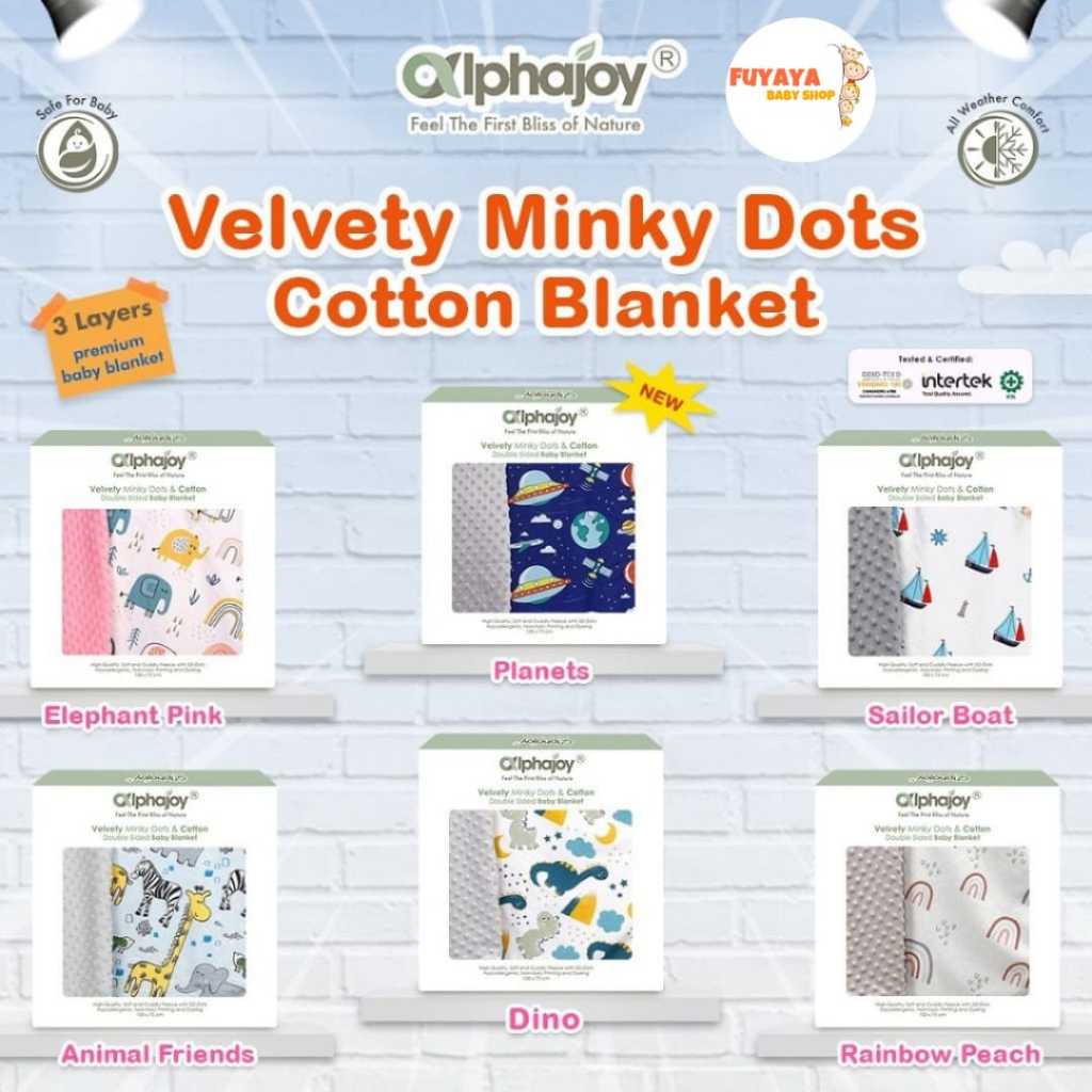 Alphajoy - Velvety Minky Dots & Cotton, Double Sided Premium Blanket / Selimut Bayi Premium Alphajoy