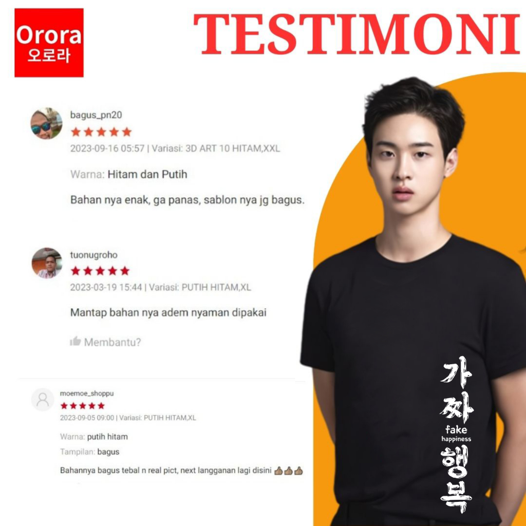 Orora Kaos Pria Korea Art Fake Happines - Baju Atasan Sablon High Quality Pria Wanita Ukuran S M L XL XXL XXXL keren Original ORKL 75