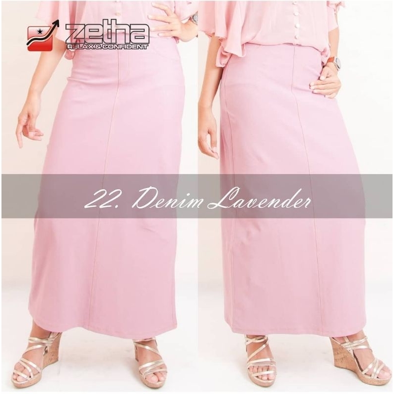 Rok Zetha Panjang Wanita Warna Denim Lavender | Rok Kerja Kantor | Rok Denim | Rok Model A - Line | 