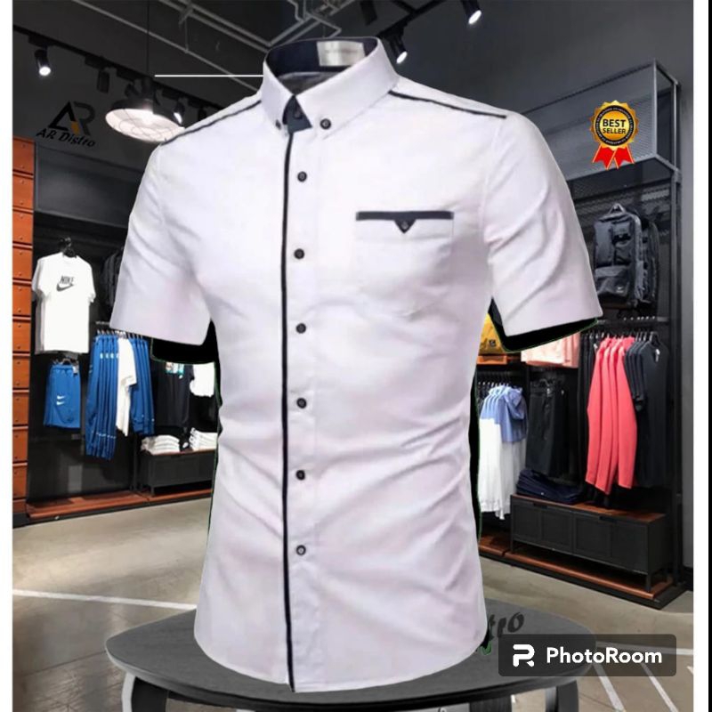 KEMEJA PRIA POLOS LIST M L XL XXL JUMBO | KEMEJA HEM FORMAL SLIM FIT PRIA | HITAM PUTIH POLOS | KEME