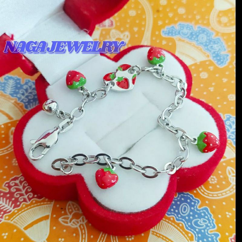 GELANG PUTIH ANAK VARIASI STROBERI CAT EMAS KADAR 375