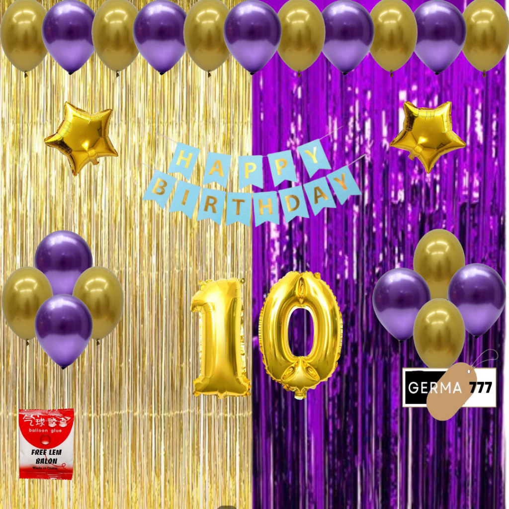 Set Dekorasi Ulang Tahun Anak Tirai Gold Mix Ungu Cewek Cowok Ultah Dekor Happy Birthday Hemat