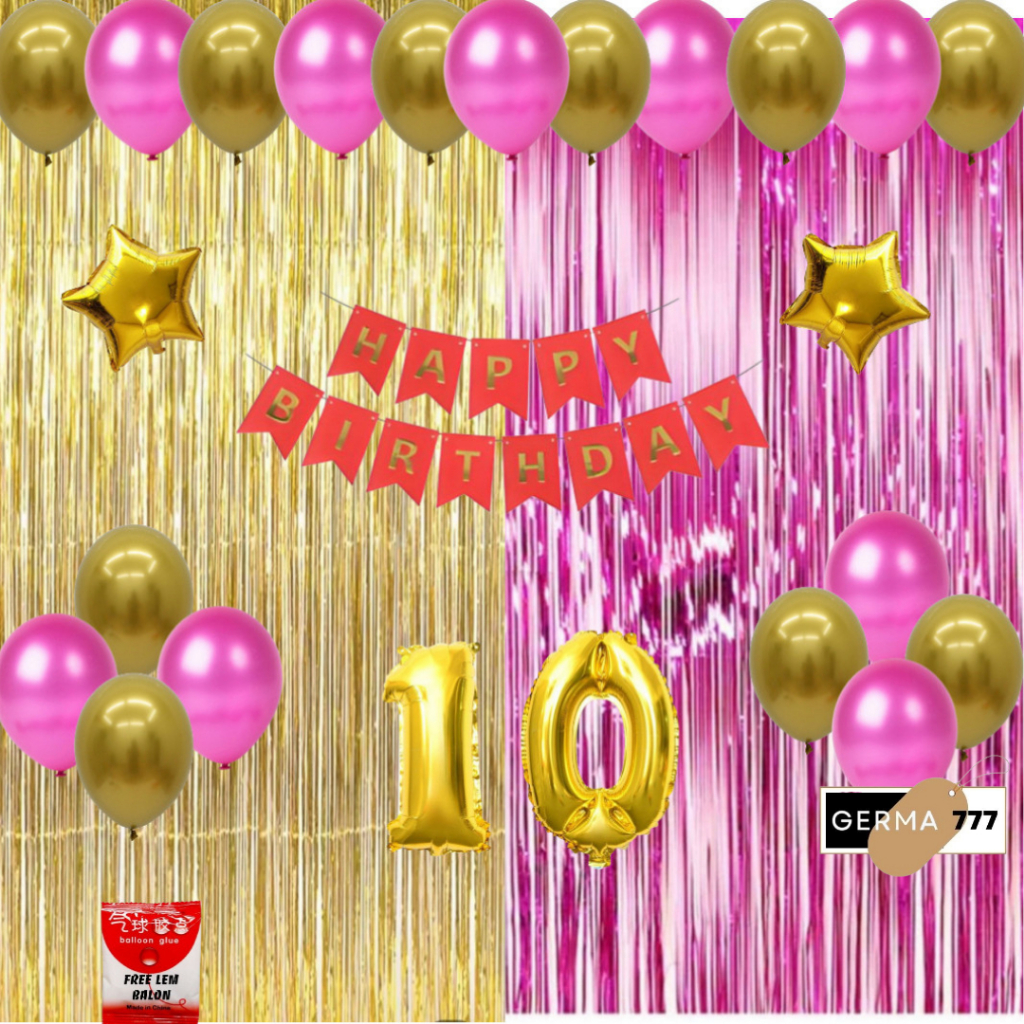 Set Dekorasi Ulang Tahun Anak Tirai Gold Mix Pink Muda Cewek Cowok Ultah Dekor Happy Birthday Hemat