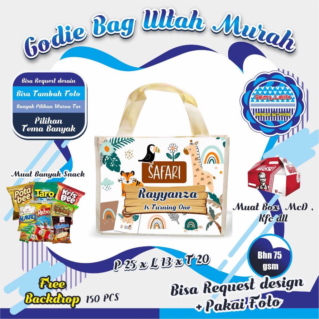 

GODIE BAG ULANG TAHUN/ TAS ULANG TAHUN, SOUVENIR ULTAH BISA TAMBAH FOTO DAN REQUEST DESAIN