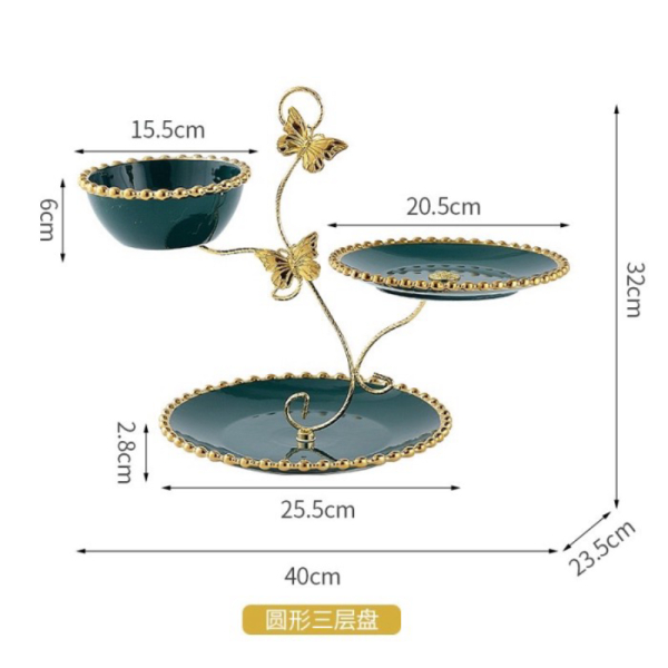Promo Ceramic Dessert Serving Plate / Tier Cake 3 Susun / Tempat Kue 3 Susun - Hijau Butterfly Limit