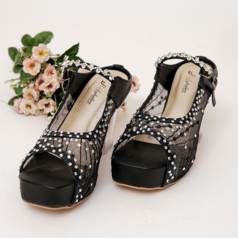 heels pesta anastasia hak kaca 9cm hitam