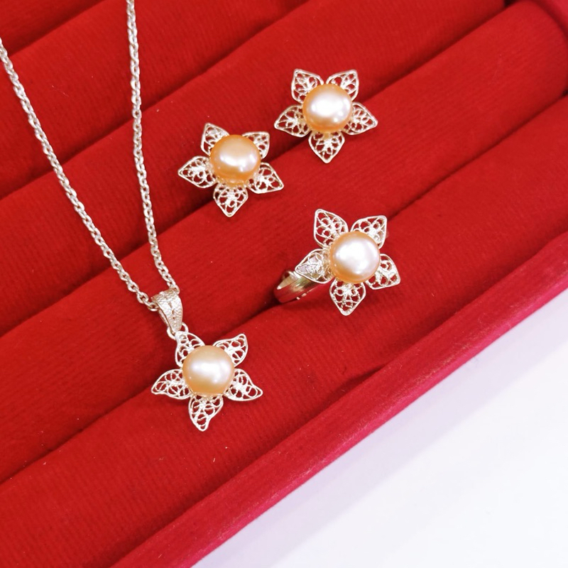 set perak kendari perak 925 mutiara air tawar asli Lombok | set lengkap mutiara lombok | kalung lion