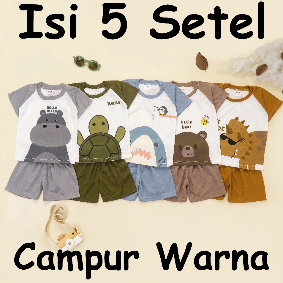 Penawaran Spesial Bulan Ini ISI 5 SETEL Setelan Anak  Bayi Laki Laki Raglan Animal Earthtone Series 