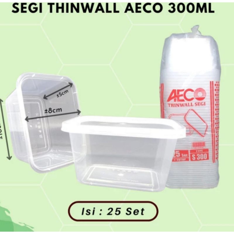 THINWALL PERSEGI AECO 300ML 1 SET ISI 25 PCS PLUS TUTUP