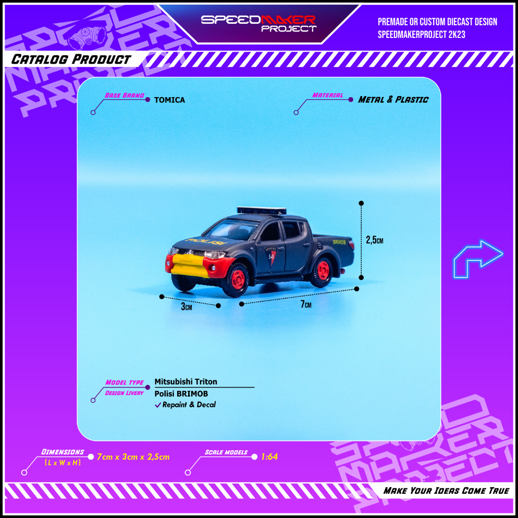Tomica Custom Mitsubishi Triton Polisi Indonesia Brimob Diecast Miniatur Replika Mobil Pick up 1:64 