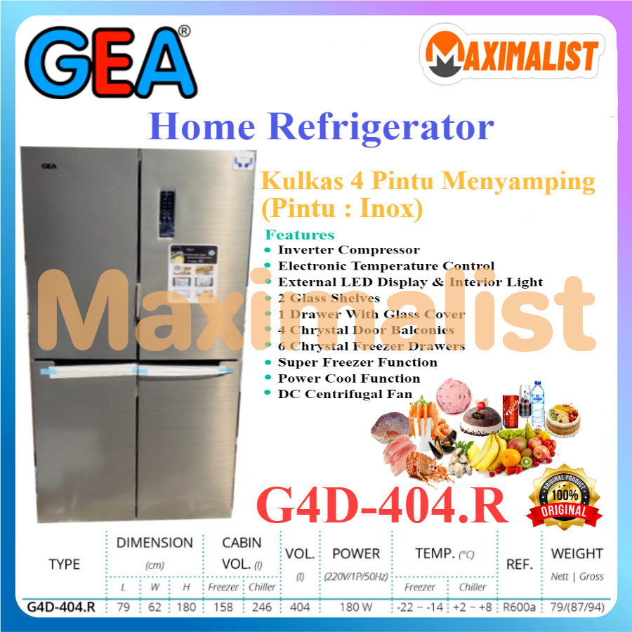 Kulkas GEA G4D 404.R Lemari Es Side By Side G4D-404 4 Pintu Hitam (Black Glass) Pintu Silver (Inox)/