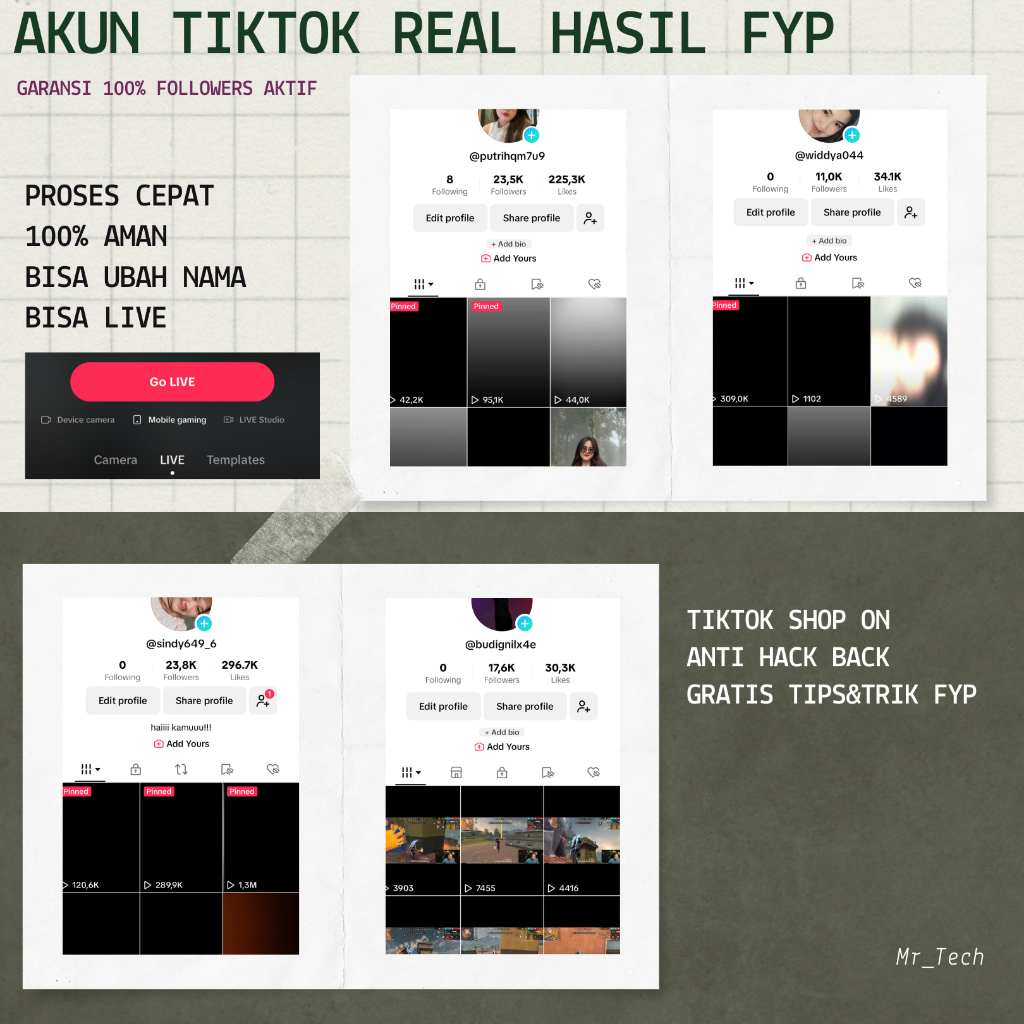 Akun Tiktok Hasil FYP 10K-100k Followers Aktif Real Indo Bisa Live