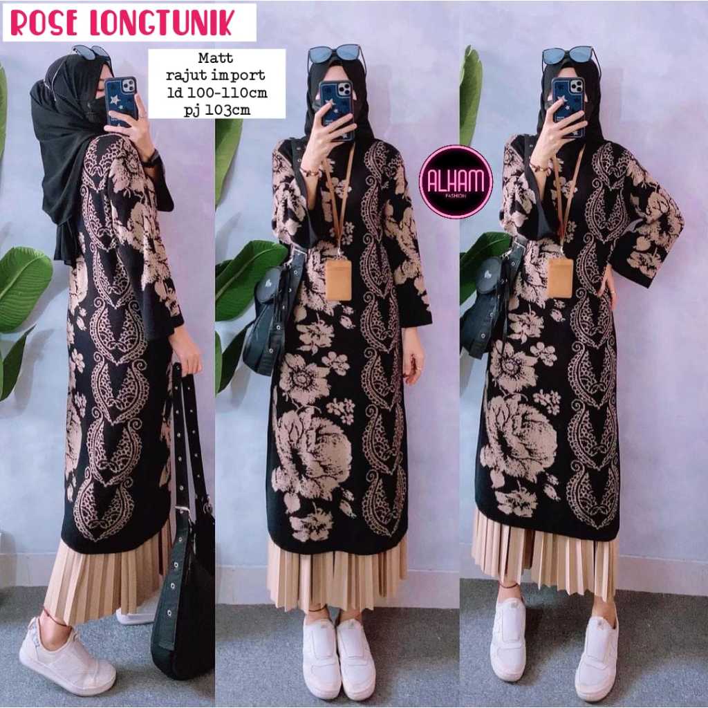 Rose Long Tunik Rajut Wanita Dewasa Ld 100 110 Bahan Premium Knit Import Alham