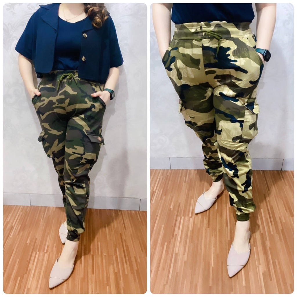 Celana Senam Jumbo Army Cargo Kantong 181 / Celana Sport Wanita Motif Army Panjang