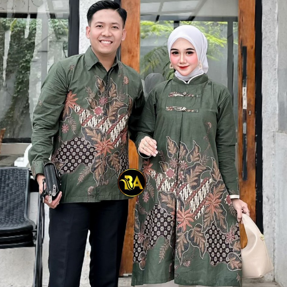 Batik Couple (bisa beli satu) Katun Original Lengan Panjang Motif Semsut Hijau Lumut M-XXXL Jumbo