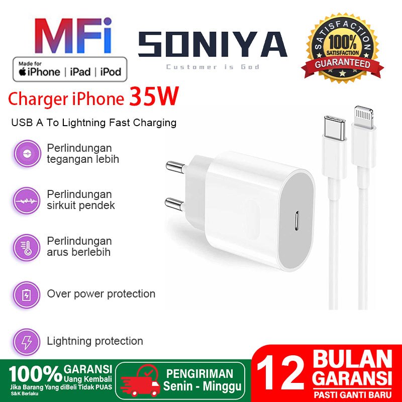 SONIYA 35W IPHONE GARANSI 1 TAHUN 1 Paket Charger 35W + USB C