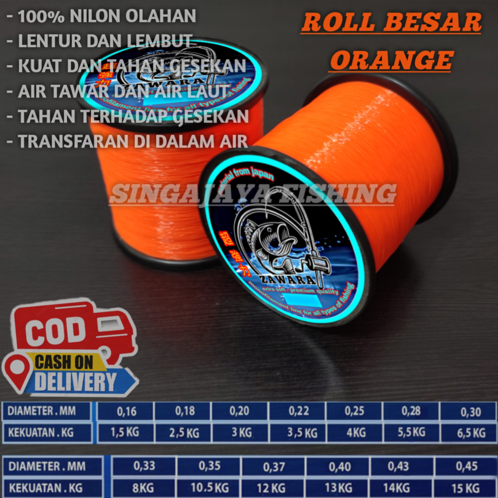 Senar pancing ZAWARA kecil super kuat anti keriting warna ORANGE bahan nilon olahan mudah tenggelam