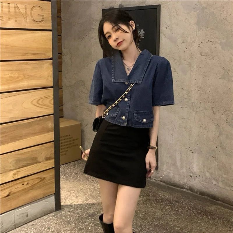 KEMEJA JEANS DENIM ATASAN WANITA LENGAN PENDEK/ ATASAN WANITA JEANS CROP