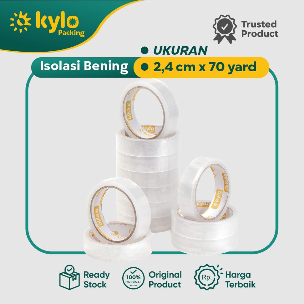 

☀️Kylo Packing☀️Lakban Bening Uk:24mmx70yard Solasi Plakban Lengket 2.4cmx70y Isolasi 1inch Tebal Kuat Kualitas Bagus Perekat Transparan Premium Murah