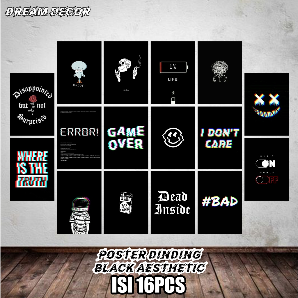 Isi 16pcs Poster Black Aesthetic [DD14] Ukuran A4 A5 A6 Bahan Glossy Dekorasi Kamar Cowok Poster Din