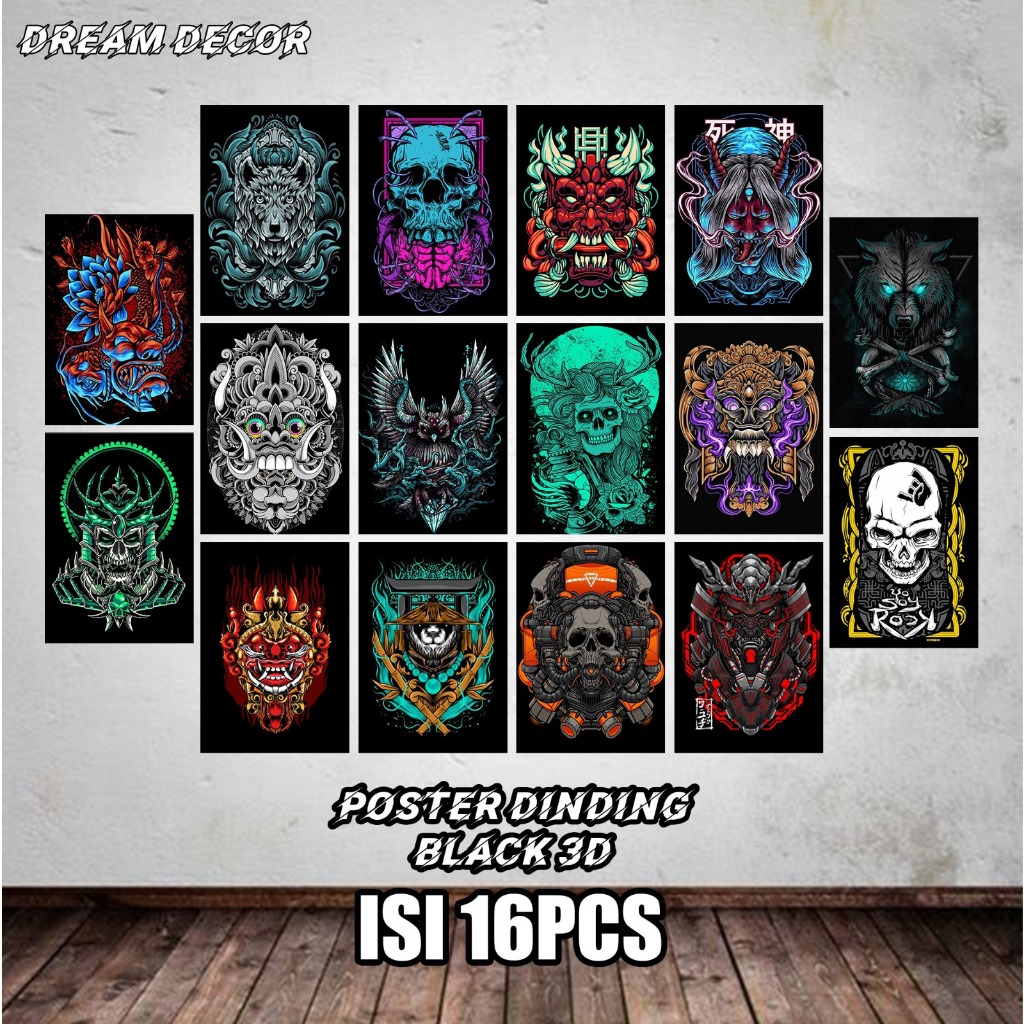 Poster Dinding Black 3D Abstrack Aesthetic [DD17] Hiasan dinding kamar Ukuran A4 A5 A6 Isi 16 PCS Po