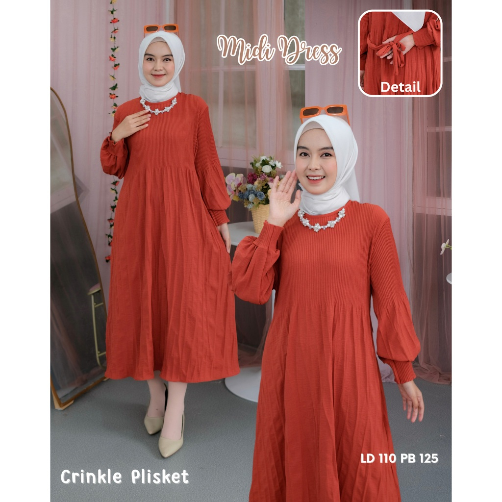 Midi Dress plisket Crinkle Airflow Premium / Fashion Wanita Muslim / Midi plisket polos murah