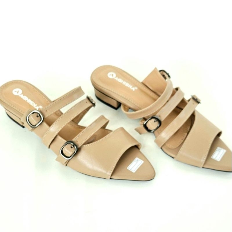 Sandal Wanita Slip On Mules Kekinian Hak 3 Cm Tali Gesper Sendal Heel Prempuan