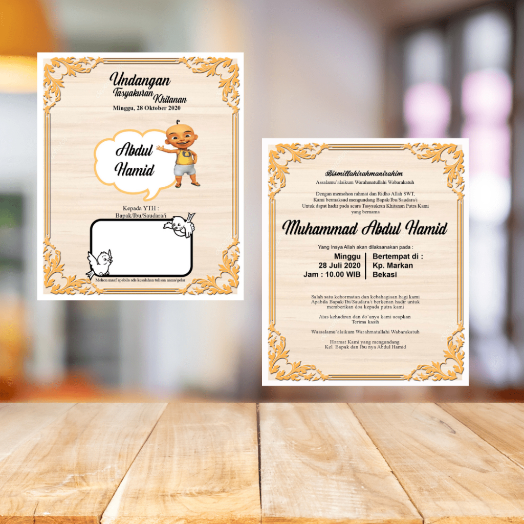 Undangan Mini Upin Ipin Baground Kayu / Undangan Sunat Unik Simple Proses Cepat dan Hemat