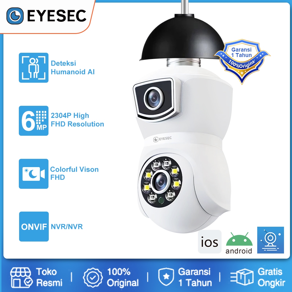 CCTV Bohlam 6MP Dual Lens Kamera Lampu CCTV 360 Derajat Kamera HP PTZ Jarak Jauh Garansi 1 Tahun