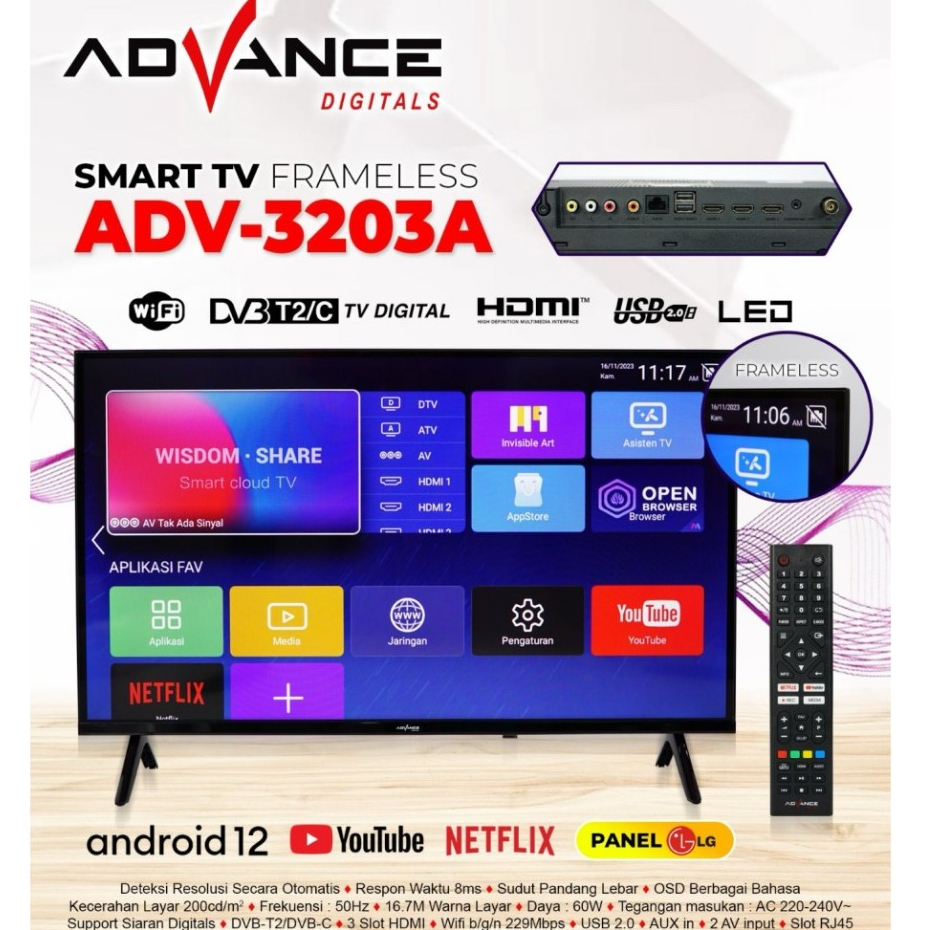 Advance Android Smart TV Panel LG 32" inch ADV 3203A Televisi Digital