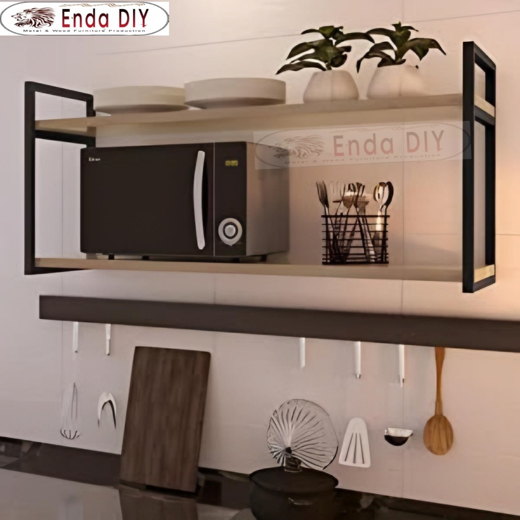 Rak Dapur 2 Susun  Minimalis Tempel Dinding Serbagun dari Besi dan Papan Kayu