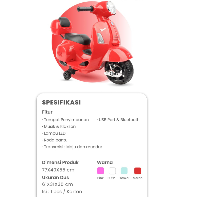 Mainan Anak Motor Aki Vespa M 399 - PMB Toys Motoran Mini listrik bisa di charger unisek